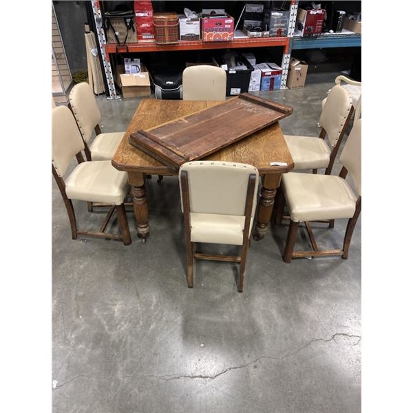 ANTIQUE OAK DINING TABLE AND 6 LEATHER DINING CHAIRS