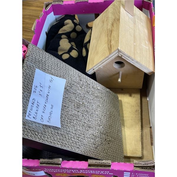 BIRD HOUSE, BLANKET, AND CAT SCRATCH BOX