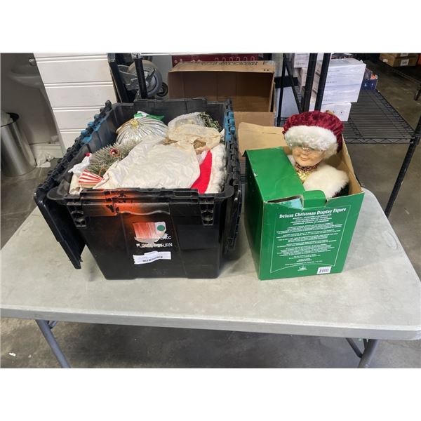 TOTE OF CHRISTMAS DECOR AND MRS, CLAUSE FIGURE