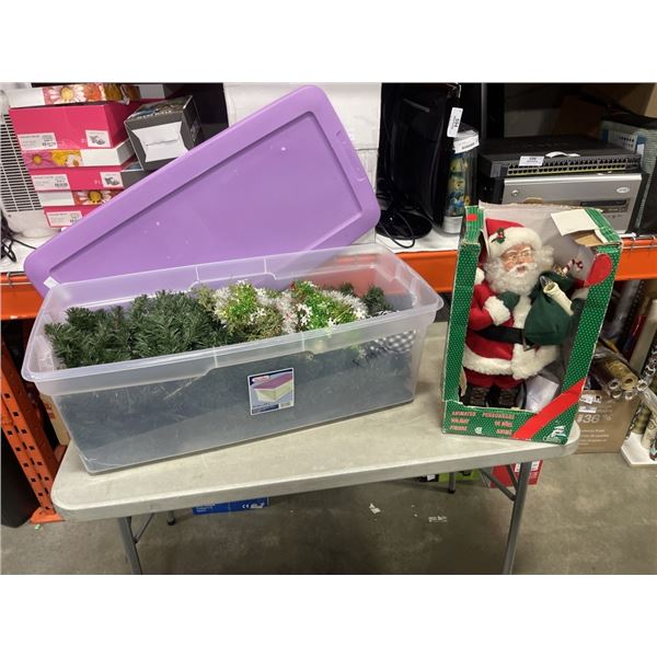 TOTE WITH CHRISRTMAS DECOR, FAKE TREE AND SANTA FIGURE