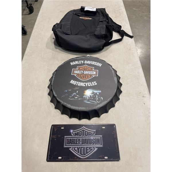 HARLEY DAVIDSON BACK PACK AND 2 TIN SIGNS