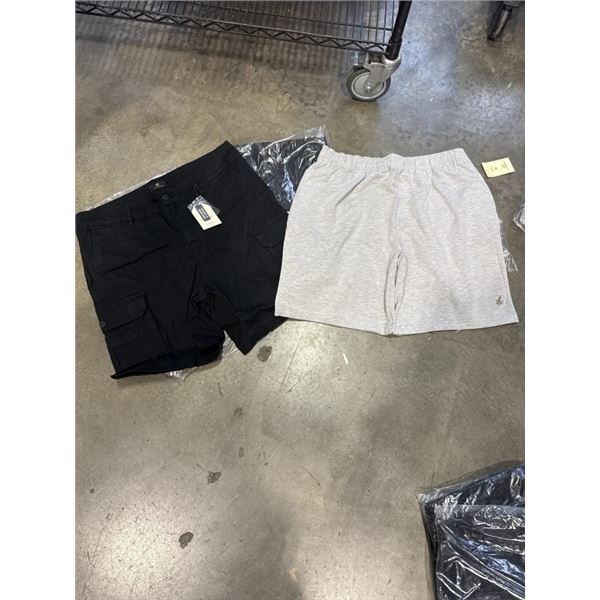 4 NEW PAIRS OF CLOUDPEAK SHORTS, 2 BLACK COTTON STRETCH CARGO PANTS SIZE 36, AND 2 HEATHER GREY SIZE