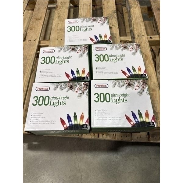 5 NEW PREXTEX 300 ULTRA BRIGHT LIGHTS CHRISTMAS LIGHT STRANDS, EACH BOX HAS 2 SETS OF 29FT STRANDS, 