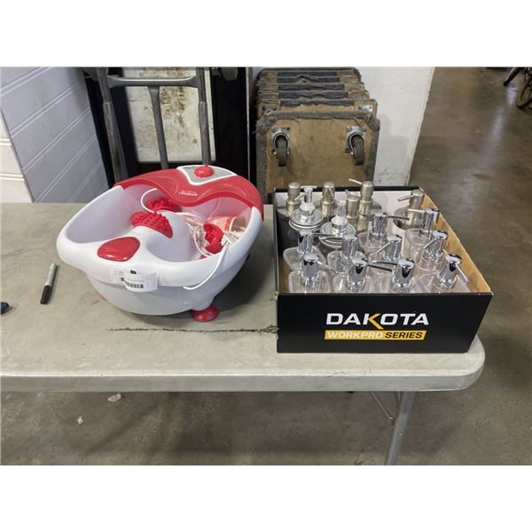 BOX OF NEW SOAP PUMP DISPENSERS AND FOOT SPA