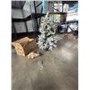 Image 1 : BRAND NEW 40 INCH FLOCKED INDOOR / OUTDOOR CHRISTMAS TREE, IN BLACK POT WITH BURLAP WRAP, AND SET OF