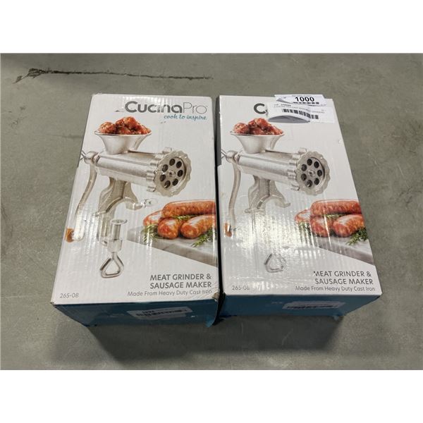 2 CUCINA PRO CAST IRON MEAT GRINDERS AND SAUSAGE MAKERS