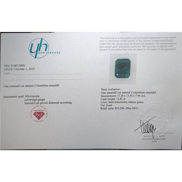 15.83 CT CERTIFIED EMERALD GEMSTONE ($15,200 APPRAISAL)