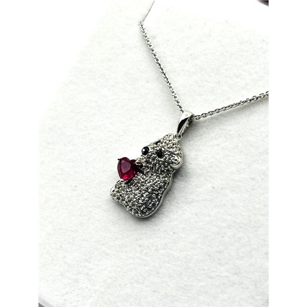 STERLING SILVER RUBY (0.56CT) AND WHITE SAPPHIRE (0.85CT) BEAR PENDANT WITH STERLING SILVER CHAIN W/