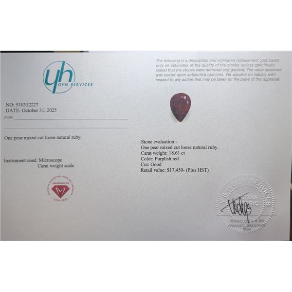 18.61 CT CERTIFIED RUBY GEMSTONE ($17,450 APPRAISAL)