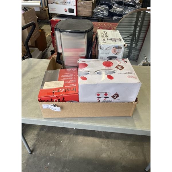 LOT OF KITCHEN APPLIANCES - COFFEE MAKER, GRINDER, MILK FROTHER, AND MELTING POT,