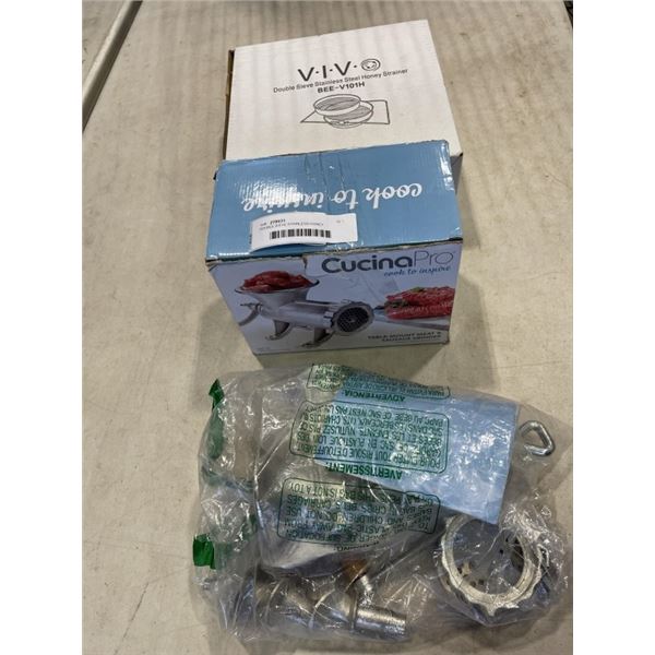 DOUBLE SIEVE STAINLESS HONEY STRAINER, AND 2 MEAT GRINDERS