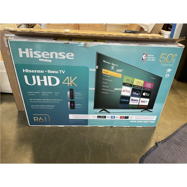 AS NEW HISENSE ROKU 50 INCH 4K TV, MODEL 50R63N, COMPLETE AND WORKING WITH ONE SINGLE PIXEL LINE BOT
