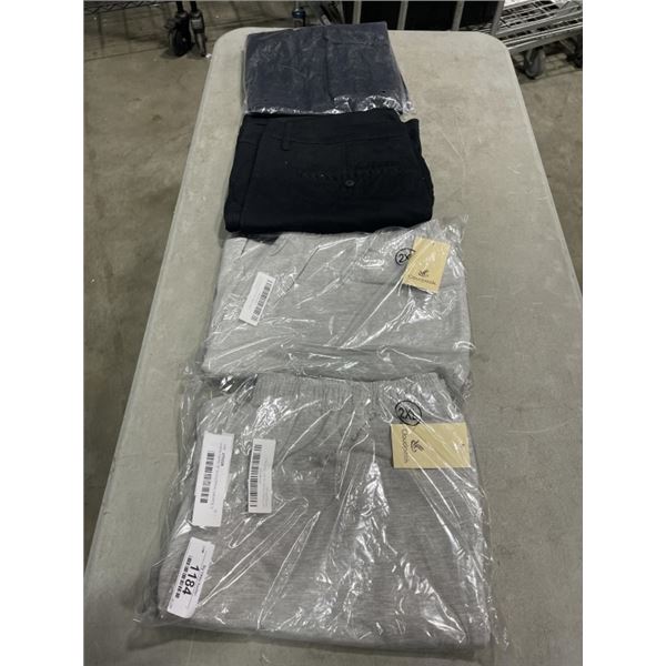 4 NEW PAIRS OF CLOUDPEAK SHORTS, 2 BLACK COTTON STRETCH CARGO PANTS SIZE 38, AND 2 HEATHER GREY SIZE