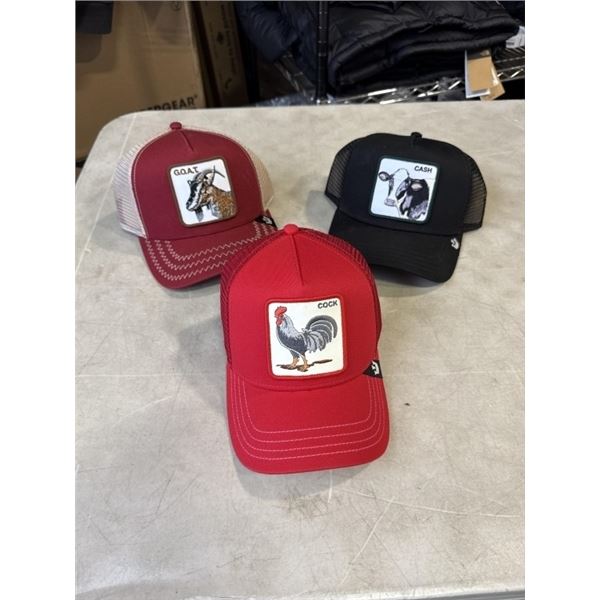 3 NEW GOORIN BRO'S THE FARM HATS, 1 'GOAT', 1 'CASH', 1 'COCK', RETAIL $55 EACH, $165 VALUE