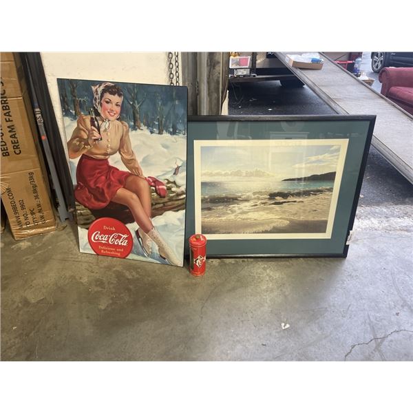 COCA COLA PRINT AND TIN, AND DEOCRATRIVE PICTURE