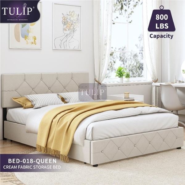 BRAND NEW TULIP QUEENSIZE STORAGE PLATFORM BEDFRAME IN CREAM FABRIC MODEL BED-018