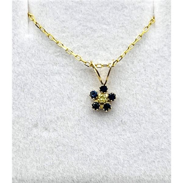14KT YELLOW GOLD NATURAL BLUE SAPPHIRE AND DIAMOND PENDANT WITH GOLD PLATED STERLING SILVER CHAIN, R