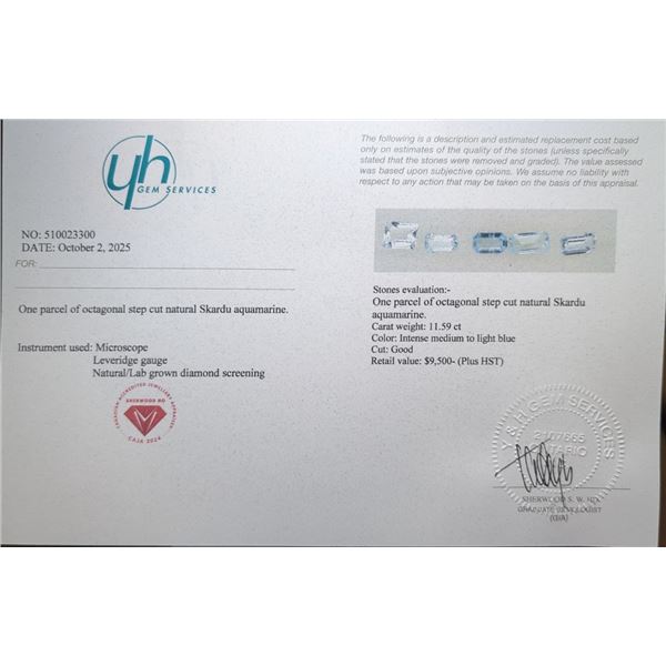 11.59 CT CERTIFIED AQUAMARINE GEMSTONE PARCEL ($9,500 APPRAISAL)