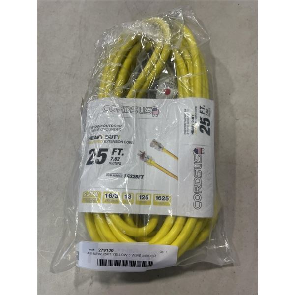AS NEW 25FT YELLOW 3 WIRE INDOOR OUTDOOR LIGHTED EXTENSION CORD, 16AWG