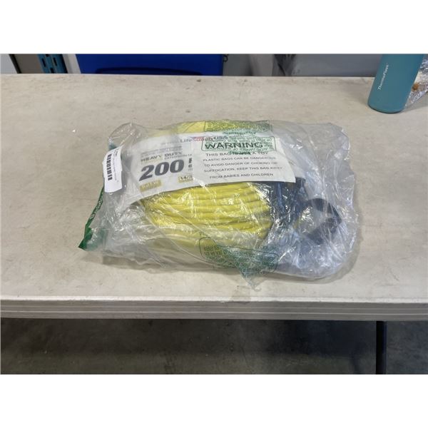 AS NEW 200FT YELLOW 3 WIRE INDOOR OUTDOOR LIGHTED EXTENSION CORD, 14AWG