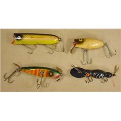 LOT OF 4 VINTAGE WOODEN FISHING LURES - INCL. HEDD