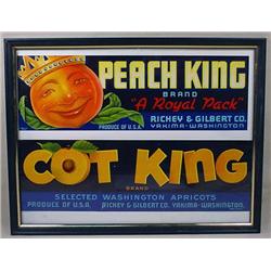LOT OF 2 VINTAGE FRUIT LABELS - FRAMED - Peach Kin