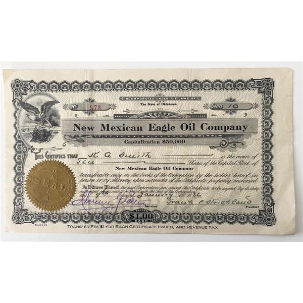 1926 New Mexican Eagle Oil Company Signed Stock Share Certificate