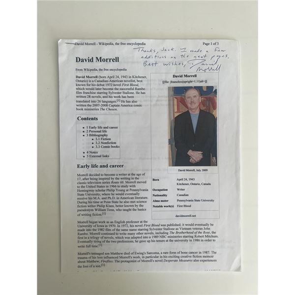 Best-selling  Rambo author David Morrell signed printed bio