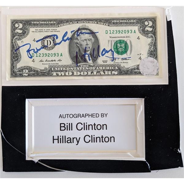 Bill Clinton and Hillary Clinton Signed Two Dollar Bill. GFA Authenticated