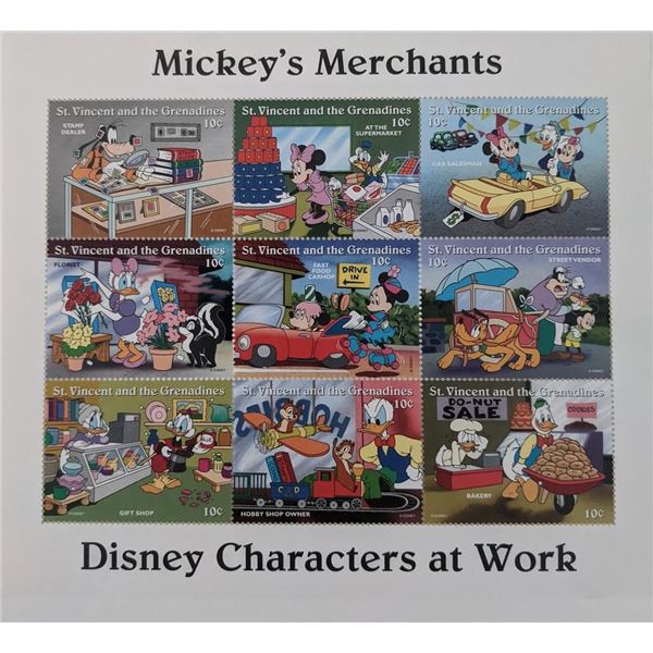 Mickey's Merchants Disney Characters At Work Stamp Sheet -St. Vincent and The Grenadines