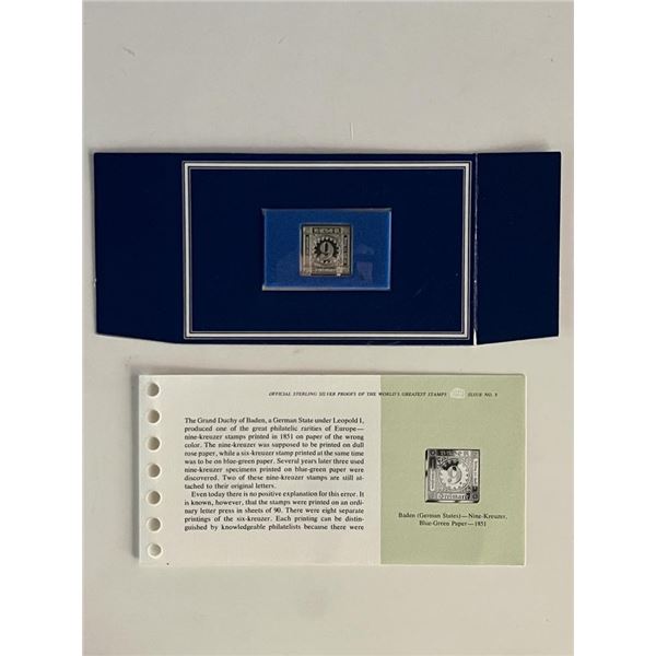 Franklin Mint Sterling Silver 1851 German Stamp Plaque Badge Worlds Greatest Stamps Issue NO 9