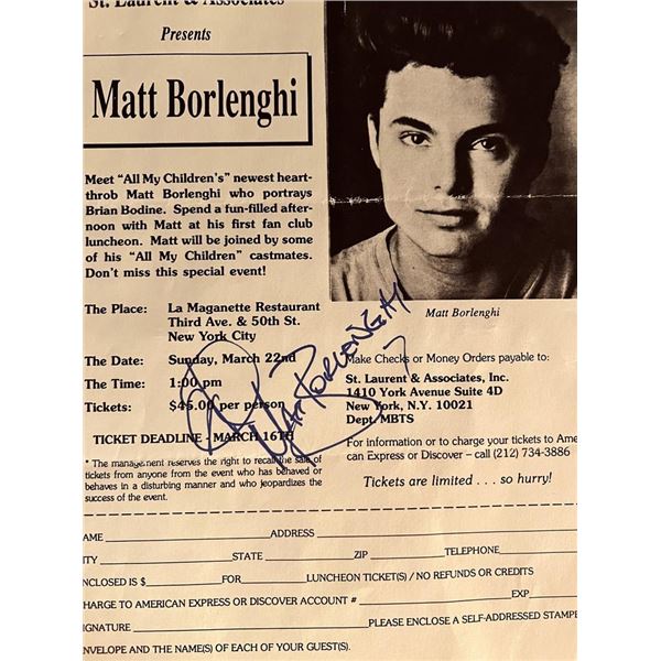 All my Children star Matt Borlenghi autographed invitation