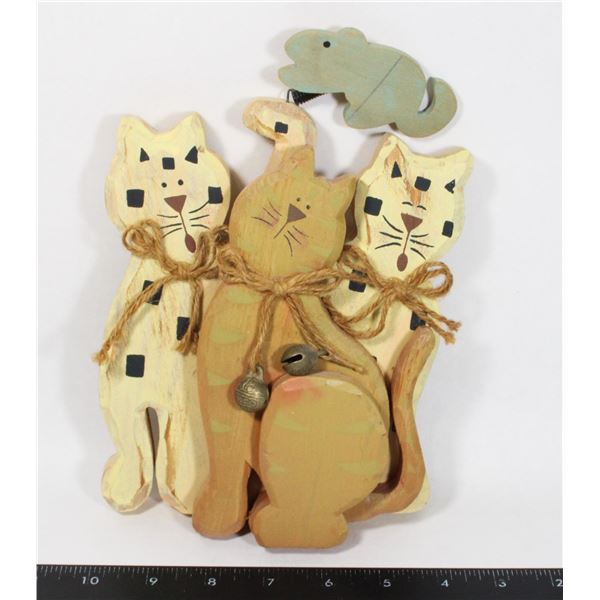 3 WOODEN CATS WITH LEAPING MOUSE OVERHEAD