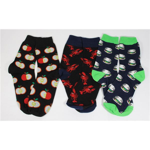 THREE NEW PAIRS OF FUN PATTERN ADULT SIZE SOCKS
