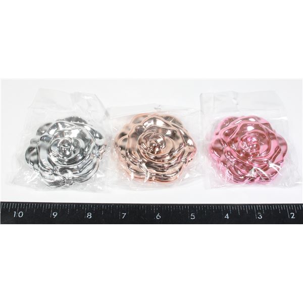 3 NEW ROSE FLOWER MIRRORED COMPACTS