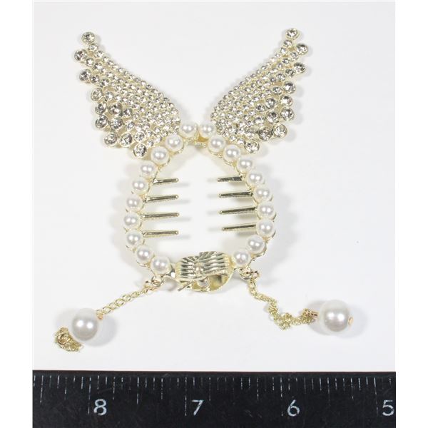 NEW RHINESTONE AND FAUX PEARL ANGEL WING BUN CLIP