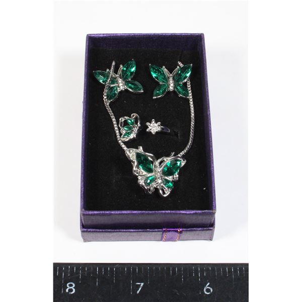 NEW SILVER TONE FOREST GREEN BUTTERFLY JEWELRY SET