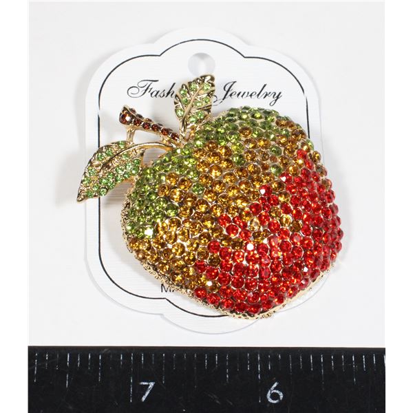 NEW GOLD TONE RHINESTONE APPLE BROOCH