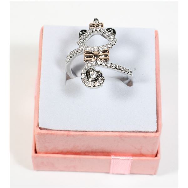 NEW SIZE 7 SILVER TONE KITTEN WITH BOWS RHINESTONE