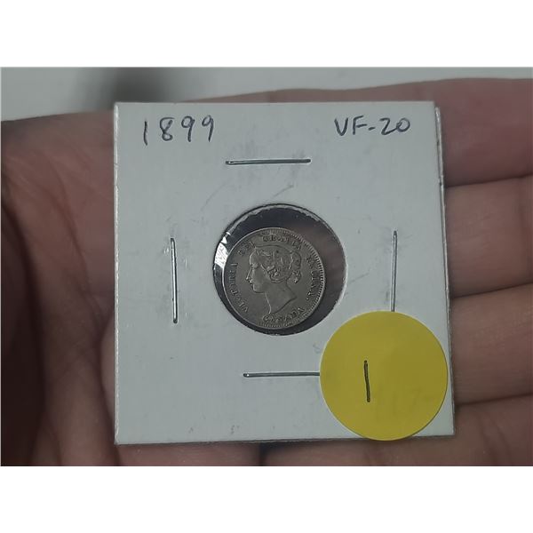 1899 Canadian Victorian Silver 5 Cents. VF20.