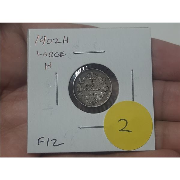1902H Large H Silver 5 Cents. Heaton Mint. F12.