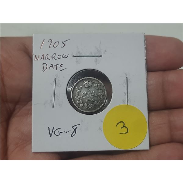 1905 Narrow Date Silver 5 Cents. VG8.