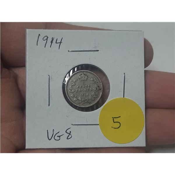 1914 Silver 5 Cents. Issued the first year of World War I. VG8.