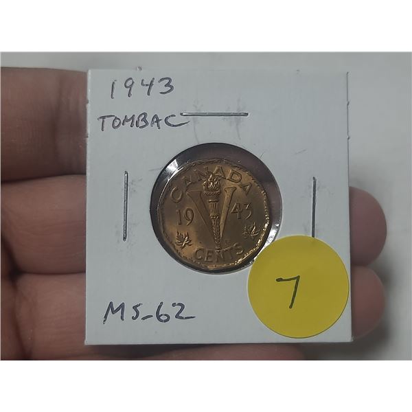 1943 V For Victory Tombac 5 Cents. The last of 2 Tombacs. MS62.