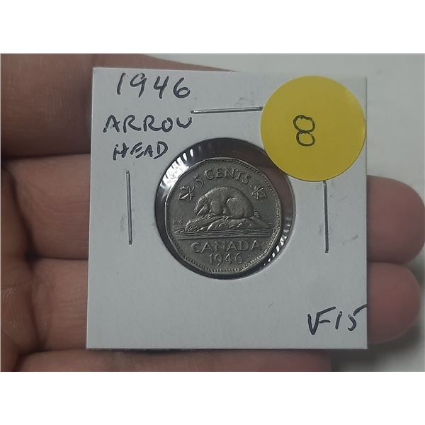 1946 Arrowhead Nickel 5 Cents. F-15. Scarce.