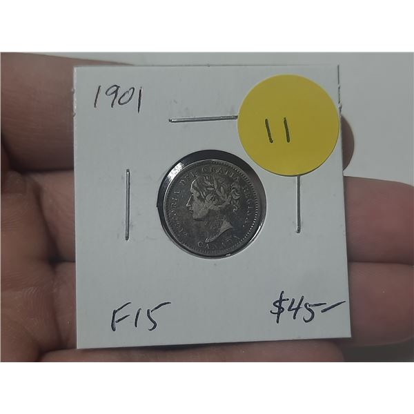 1901 Canadian Silver 10 Cents. The last issue of Queen Victoria. F15.