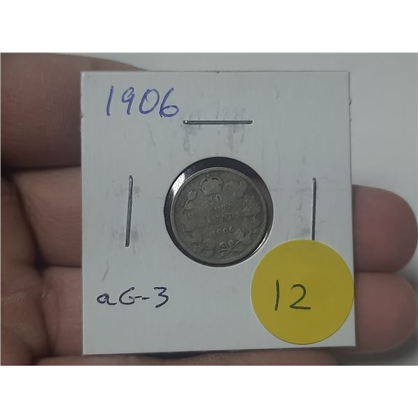 1906 Canadian Silver 10 Cents. aG3 with readable date.