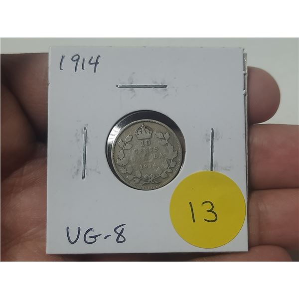 1914 Canadian Silver 10 Cents. Issued the first year of World War I. VG8