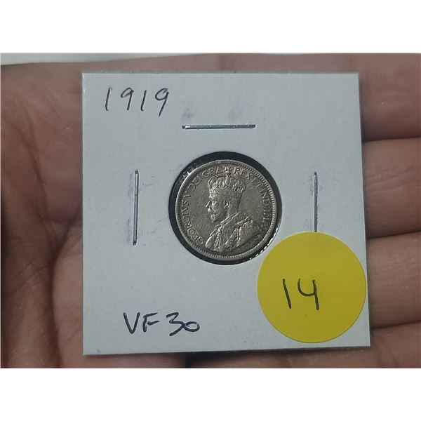 1919 Canadian Silver 10 Cents. VF30. Nice.