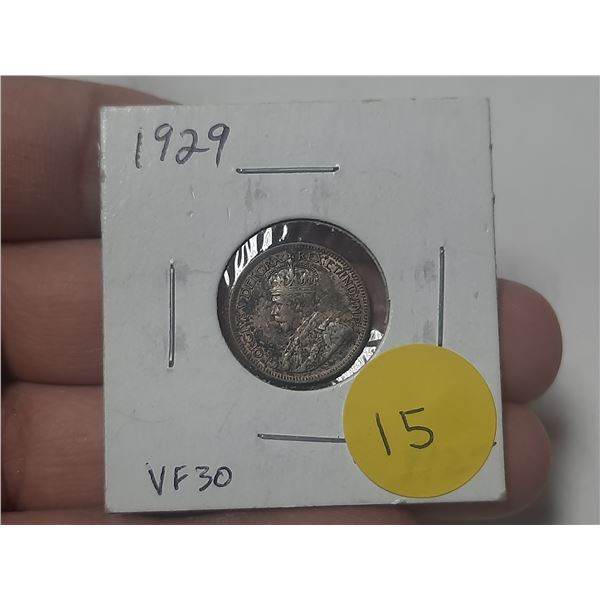 1929 Canadian Silver 10 Cents. Issued the first year of the Great Depression. VF30.